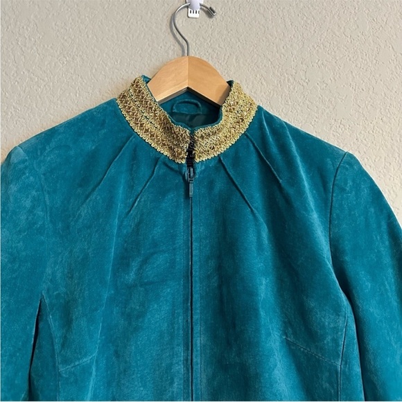 VTG JDS Collection Teal Suede Zip Jacket Gold Trim Women’s Size Small Elegant - Picture 5 of 13